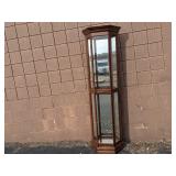 2 Gorgeous Curio Cabinets-Phillip Reinisch Oak Corner Curio Cabinet 72" x 19" x 9.5"x 9.5"x 9.5"  and 30" x 14.5" x 6.5" Wall Curio Cabinet