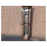 2 Gorgeous Curio Cabinets-Phillip Reinisch Oak Corner Curio Cabinet 72" x 19" x 9.5"x 9.5"x 9.5"  and 30" x 14.5" x 6.5" Wall Curio Cabinet