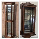 2 Gorgeous Curio Cabinets-Phillip Reinisch Oak Corner Curio Cabinet 72" x 19" x 9.5"x 9.5"x 9.5"  and 30" x 14.5" x 6.5" Wall Curio Cabinet