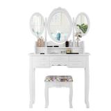 Vanity Makeup Set with 7-Drawer Tri-Folding Mirror Dressing Table and Stool Set White (scratch & Dent)
