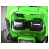 Greenworks 48V 21-inch Self-Propelled Walk-Behind Lawn Mower W/(4) 4 Ah Batteries - MISSING CHARGERS, BROKEN HANDLE - RUNS!