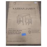 NATHAN JAMES Viktor Three Piece Dining Set Kitchen Pub Table White Marble Table Top, Light Brown Wood Base, Light Beige Fabric Seat