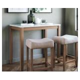 NATHAN JAMES Viktor Three Piece Dining Set Kitchen Pub Table White Marble Table Top, Light Brown Wood Base, Light Beige Fabric Seat
