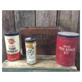 Vintage Tube Repair Tins in Wooden Chocolate Box