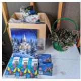 Christmas Decor Lot: Christmas Lights, Basket, and More