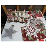 Christmas Decor Lot: JOY Stocking Holders, Ornaments, Table Settings, & More