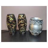 Lot of 3 Decorative Items: 2 Mosaic Glass Votive Lights and Silver Vase