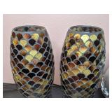 Lot of 3 Decorative Items: 2 Mosaic Glass Votive Lights and Silver Vase
