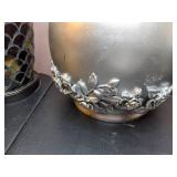 Lot of 3 Decorative Items: 2 Mosaic Glass Votive Lights and Silver Vase