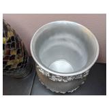 Lot of 3 Decorative Items: 2 Mosaic Glass Votive Lights and Silver Vase