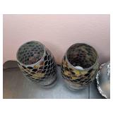 Lot of 3 Decorative Items: 2 Mosaic Glass Votive Lights and Silver Vase