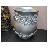 Lot of 3 Decorative Items: 2 Mosaic Glass Votive Lights and Silver Vase