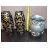 Lot of 3 Decorative Items: 2 Mosaic Glass Votive Lights and Silver Vase