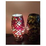 Lot of 3 Decorative Items: 2 Mosaic Glass Votive Lights and Silver Vase