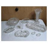 Collection of 10 Cut Glass Pieces: Vases, Bon Bon Dish, Relish and Oval Dishes, Covered Bowl, Ash Tray and More!
