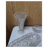 Collection of 10 Cut Glass Pieces: Vases, Bon Bon Dish, Relish and Oval Dishes, Covered Bowl, Ash Tray and More!