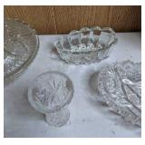 Collection of 10 Cut Glass Pieces: Vases, Bon Bon Dish, Relish and Oval Dishes, Covered Bowl, Ash Tray and More!
