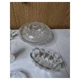 Collection of 10 Cut Glass Pieces: Vases, Bon Bon Dish, Relish and Oval Dishes, Covered Bowl, Ash Tray and More!