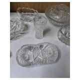Collection of 10 Cut Glass Pieces: Vases, Bon Bon Dish, Relish and Oval Dishes, Covered Bowl, Ash Tray and More!