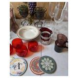 Lot of Glassware, Cake Stand, Vases and Coasters
