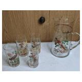 Set of 5 Vintage Glassware Pieces: West Virginia Glass Co. Cocktail Mixing Pitcher & 4 Glasses in Pheasants in Flight Design