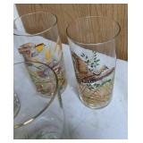 Set of 5 Vintage Glassware Pieces: West Virginia Glass Co. Cocktail Mixing Pitcher & 4 Glasses in Pheasants in Flight Design