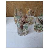 Set of 5 Vintage Glassware Pieces: West Virginia Glass Co. Cocktail Mixing Pitcher & 4 Glasses in Pheasants in Flight Design