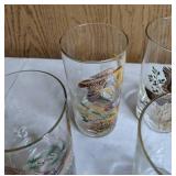 Set of 5 Vintage Glassware Pieces: West Virginia Glass Co. Cocktail Mixing Pitcher & 4 Glasses in Pheasants in Flight Design
