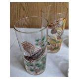 Set of 5 Vintage Glassware Pieces: West Virginia Glass Co. Cocktail Mixing Pitcher & 4 Glasses in Pheasants in Flight Design