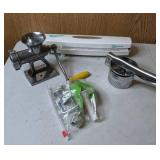Kitchen Items: Meat Grinder, Potato Ricer, and Saran Wrap Holder