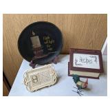 Decorative Lot - "Faith" Plate, Wooden Recipe Box, "Serenity" Plaque, Rooster Figurine