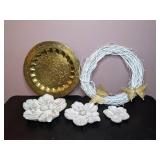 Collection fo 5 Home/Wall Decor Items: Gold Wall Hanging, Wreath & Flower Accents