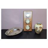Group of 3 Decor Items: Traditional Weather Station Wall Hanging, Decorative Vase & Silver Footed Platter