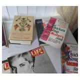 Lot of Books/Magazines: Merriam-Webster Dictionaries, Chicken Soup for the Soul, Life Princess Diana, Elvis Album, Thimble Americana, and More