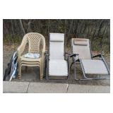 Set of 7 Pieces of Outdoor Seating: Lawn Chairs, Anti Gravity Chairs, and Patio Chairs