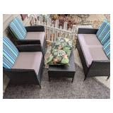Outdoor Patio Furniture: Loveseat, Two Chairs, Coffee Table/Bench & Throw Pillows