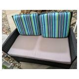 Outdoor Patio Furniture: Loveseat, Two Chairs, Coffee Table/Bench & Throw Pillows