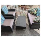 Outdoor Patio Furniture: Loveseat, Two Chairs, Coffee Table/Bench & Throw Pillows