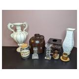 Decorative Lot: Vases, Tissue Box Cover, Candle Holders, and More