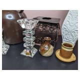 Decorative Lot: Vases, Tissue Box Cover, Candle Holders, and More