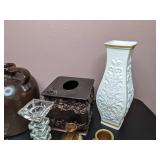 Decorative Lot: Vases, Tissue Box Cover, Candle Holders, and More