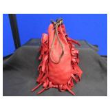 VINTAGE RED LEATHER MARBLE BAG FULL OF MARBLES