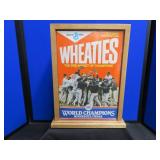 AUTOGRAPHED 1987 UNOPENED WHEATIES BOX   IN BEAUTIFUL 2 SIDED PLEXI / WOOD DISPLAY CASE.