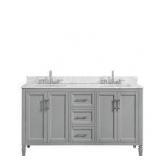 Home Decorator Talmore 60 in. Double Vanity in Sky Grey with Artificial Carrara Vanity Top with White Basin in good condition see pictures