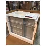 Home Decorators Hampton Harbor 36 in. Vanity in Dove Grey with Natural Marble Vanity Top in White with White Sink open box see pictures