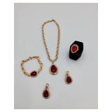 SET GOLD WITH WHITE AND RED RHINESTONES NECKLACE, BRACLET, EARINGS AND RING.