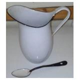 Vintage Enamelware Pitcher + Spoon