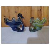 Two Vintage Handblown Glass Swan Bowls