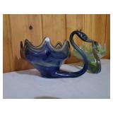 Two Vintage Handblown Glass Swan Bowls