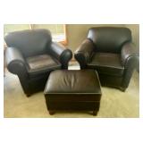 Classy Pair of Brown Faux Leather Chairs and an Ottoman